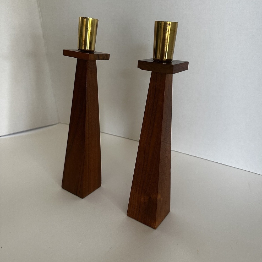 Vintage Danish Modern Kustom Kraft Walnut Brass Taper‎ Candle Holders 9 Inch